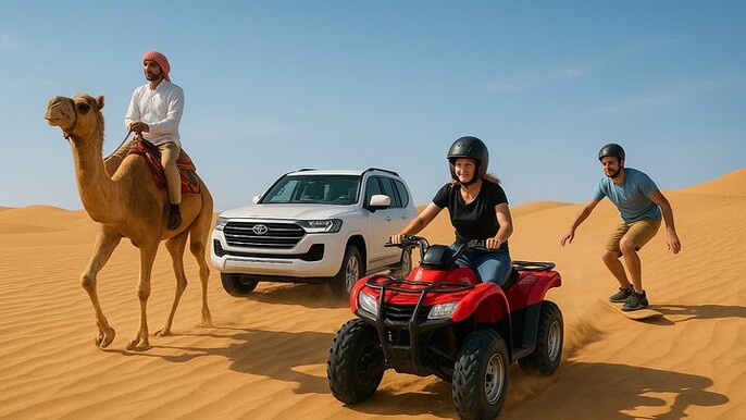 4 Hours Desert Tour with Quad Bike Camel Ride & Sandboard