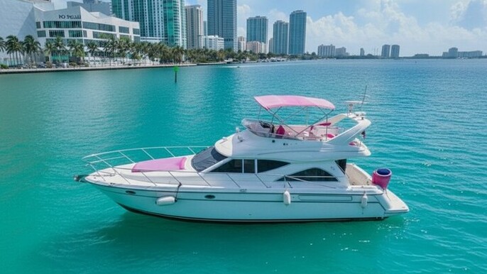 50 Feet Pink Yacht Private Tour in Miami | 3 to 8 Hours | 13 ppl