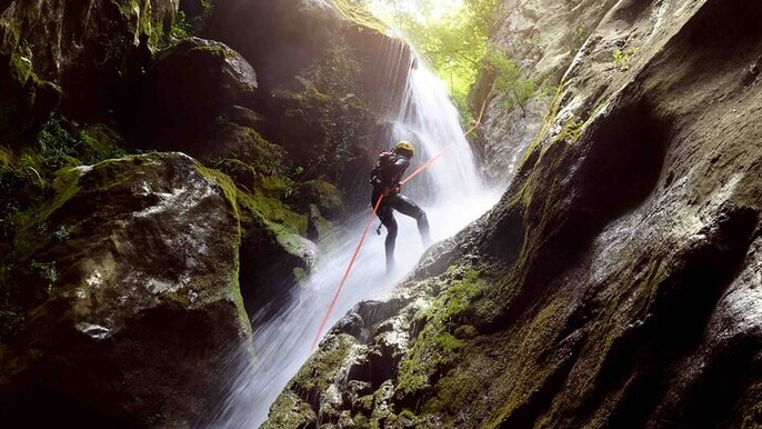Advanced Canyoning with 50m Waterfall Rappel and GoPro Transport