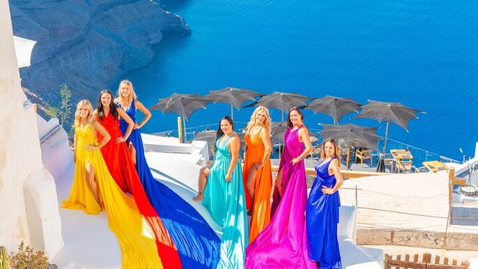 Santorini Flying Dress Group Photoshoot with pick-up/drop-off