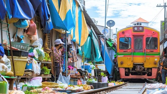 Amphawa Floating Market & Maeklong Railway Train Market Tour